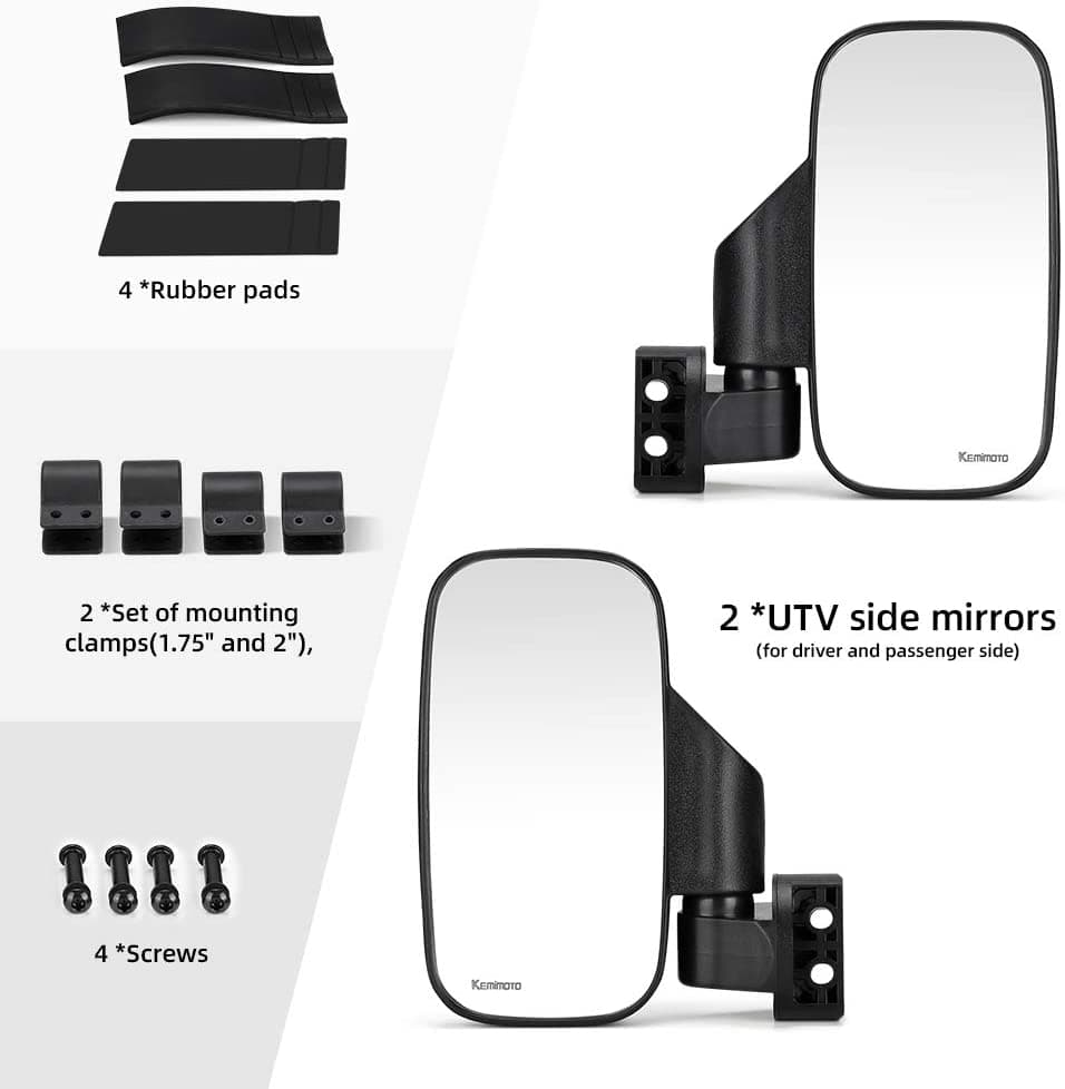 Kemimoto Side Mirrors and Rearview Mirror for 1.75"-2" Roll Bar