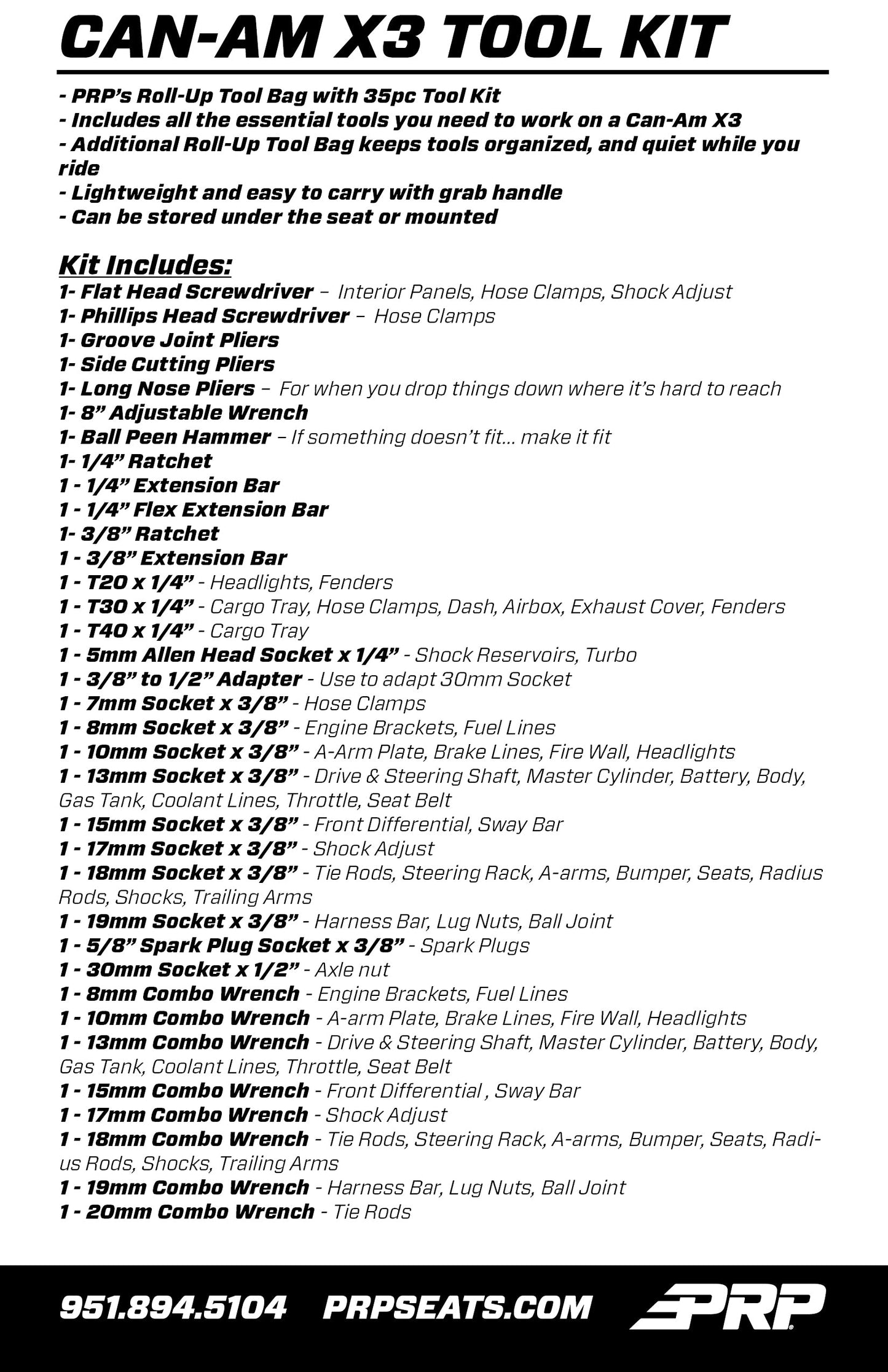 PRP 35pc Roll-up Tool Kit for Can-Am SXS