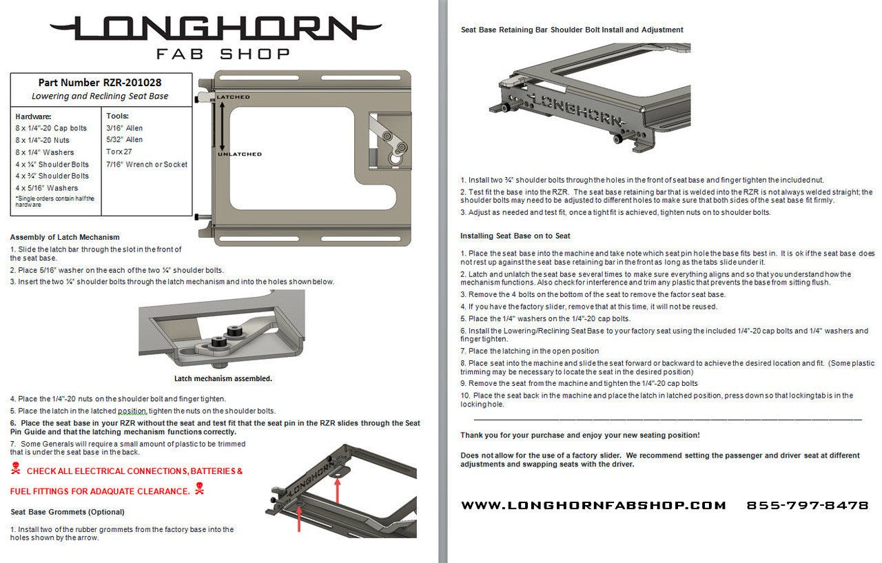Longhorn Fab Shop Polaris RZR Lowering Seat Bases (Pair)