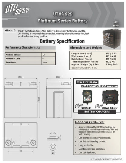 UTV Stereo Polaris RZR XP1000 Platinum Series AGM 925 Battery